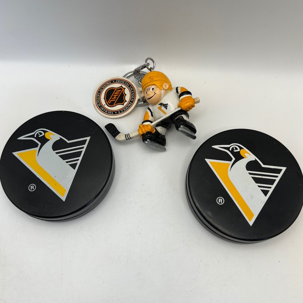NHL Penguins Lil Sports Brat Keychain and 2 Pucks Mixed Lot VTG Hockey